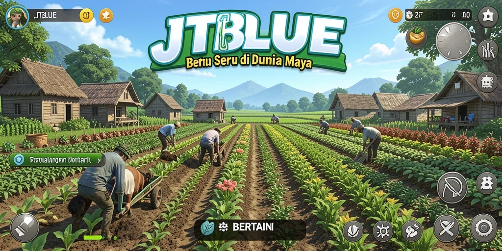 Tampilan antarmuka JTBLUE dengan ladang hijau subur dan hewan ternak yang bahagia.